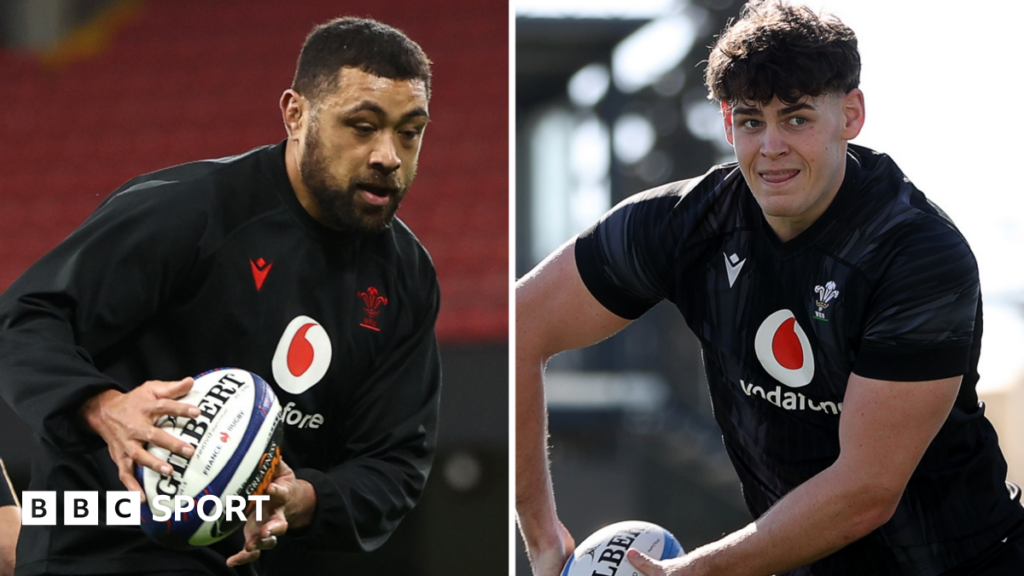 A picture of Taulupe Faletau and of Eddie James running with the ball during Wales training sessions