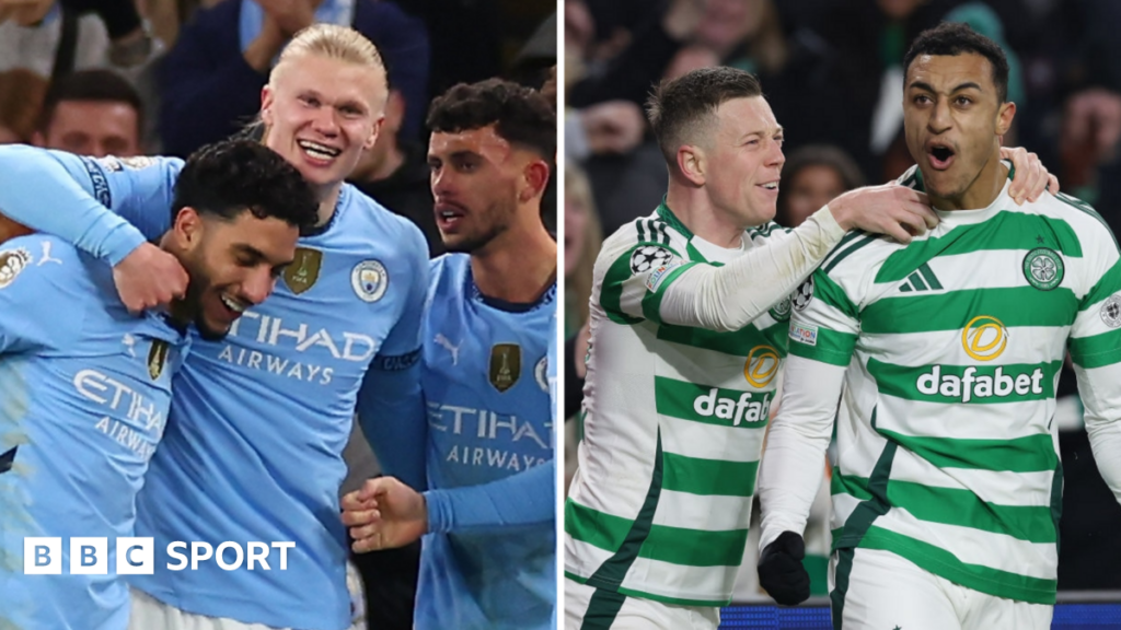 Split picture of Manchester City and Celtic players celebrating