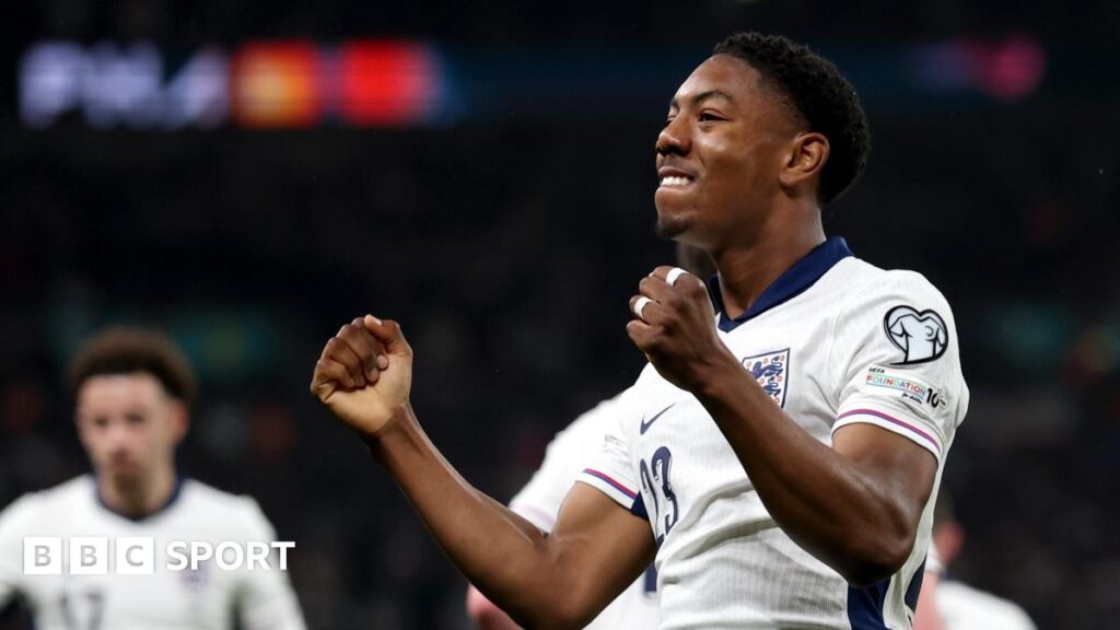 Myles Lewis-Skelly celebrates after scoring for England against Albania