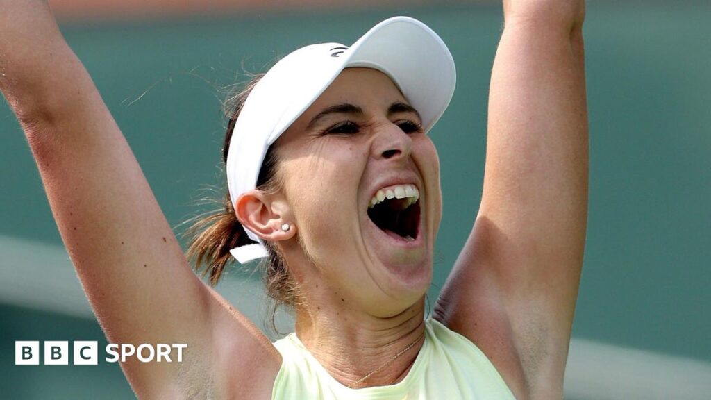 Belinda Bencic celebrates beating Coco Gauff at Indian Wells