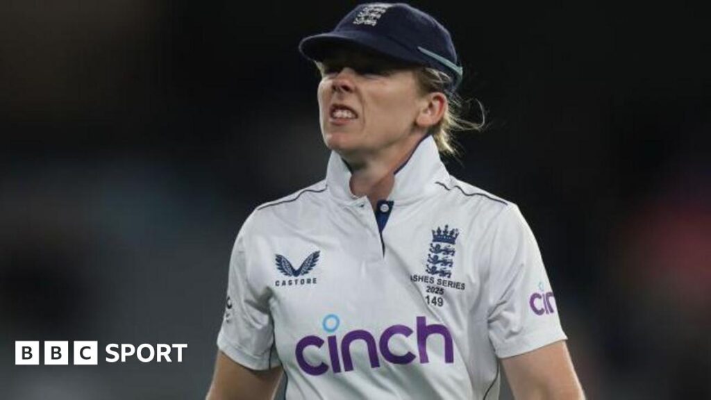 Heather Knight looking unhappy during the Ashes Test match v Australia