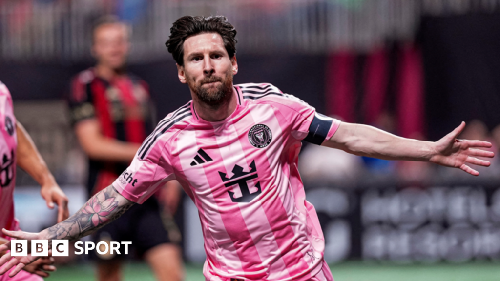 Inter Miami forward Lionel Messi celebrates scoring a goal against Atlanta United