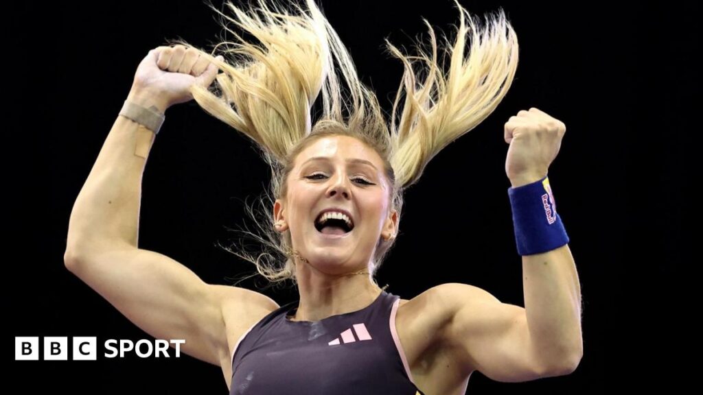 Molly Caudery celebrates after clearing 4.85m in Madrid in February